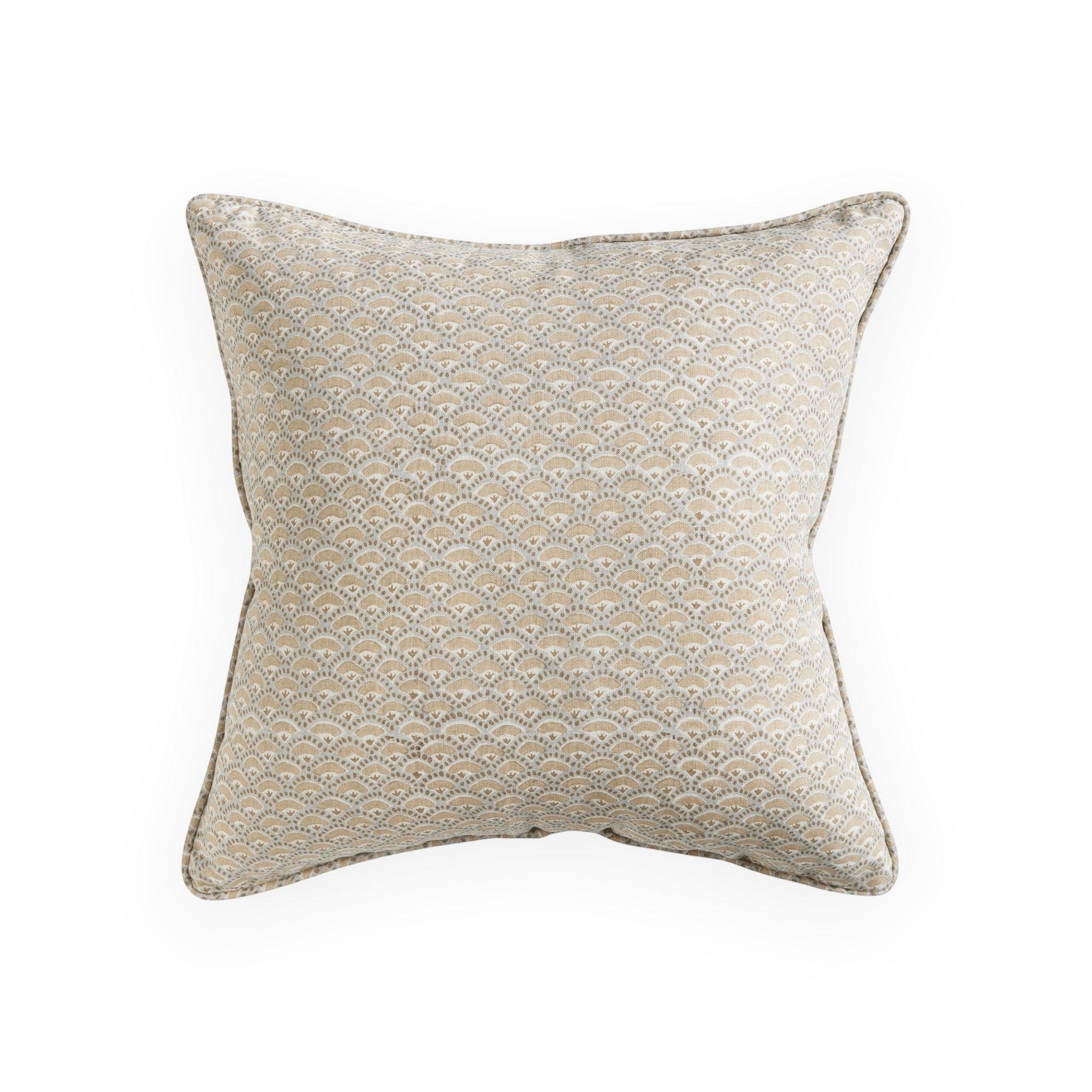 Walter G Naples Elm pillow with a beige and white hand block-printed scalloped pattern and piped edge detail.