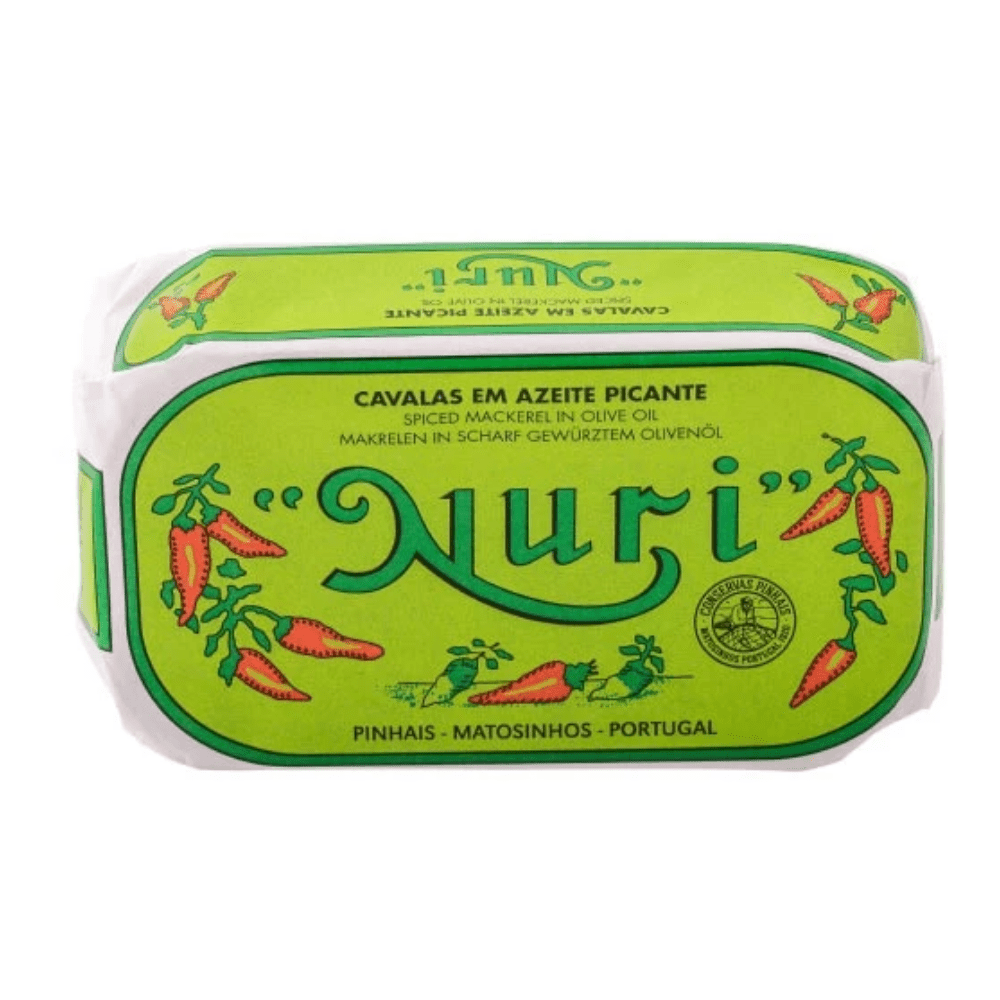 Tin of Nuri spiced mackerel in olive oil from Pinhais, Portugal