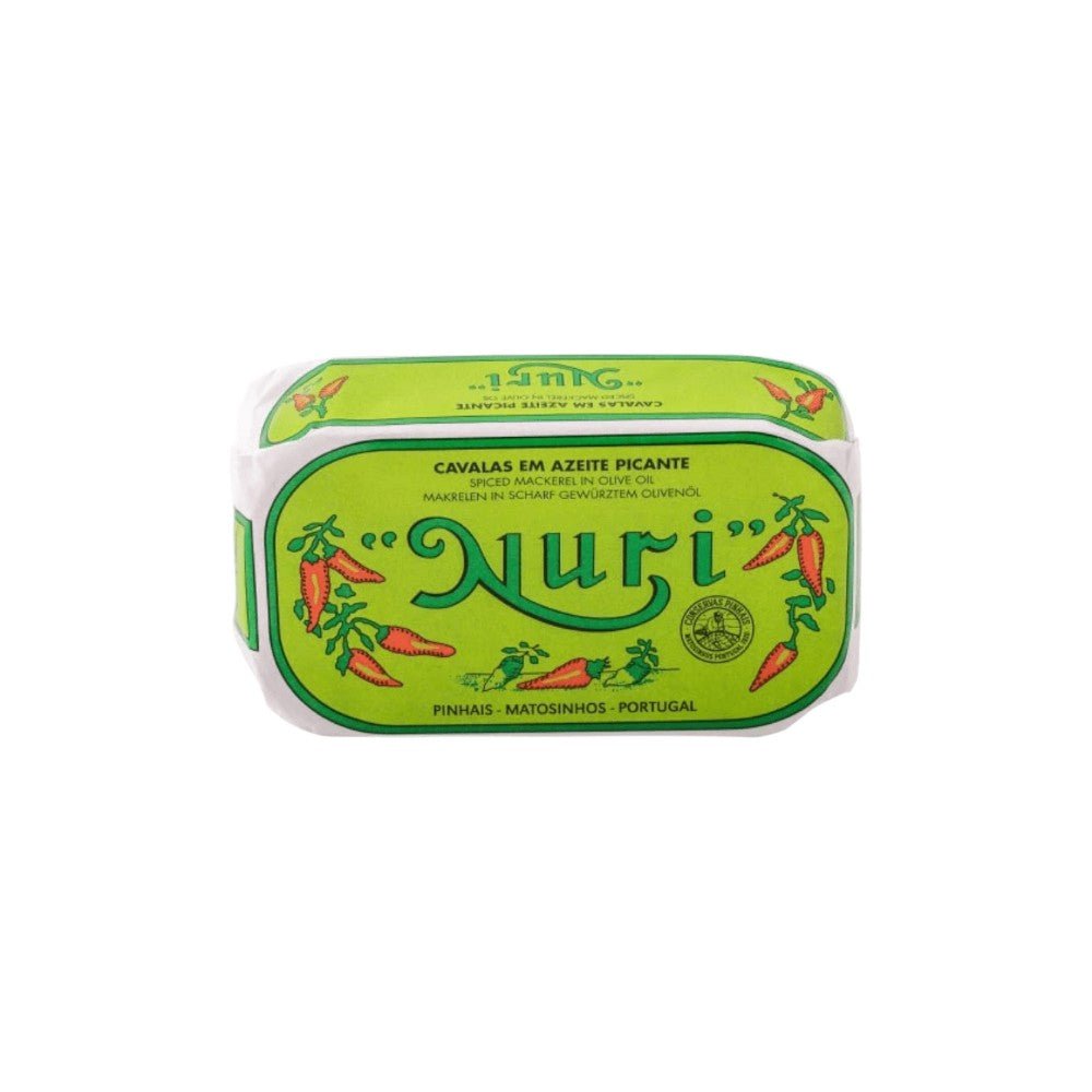 Tin of Nuri spiced mackerel in olive oil from Pinhais, Portugal