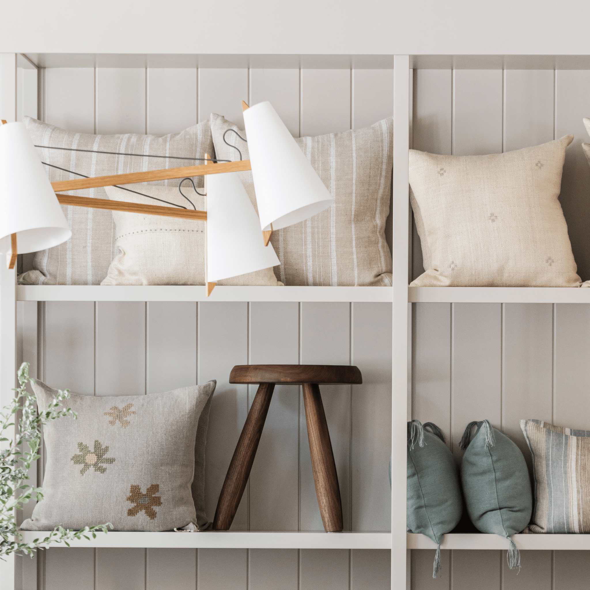 Emil Striped Pillow styling detail — classic woven stripe pattern on feather insert pillow by One Bi One