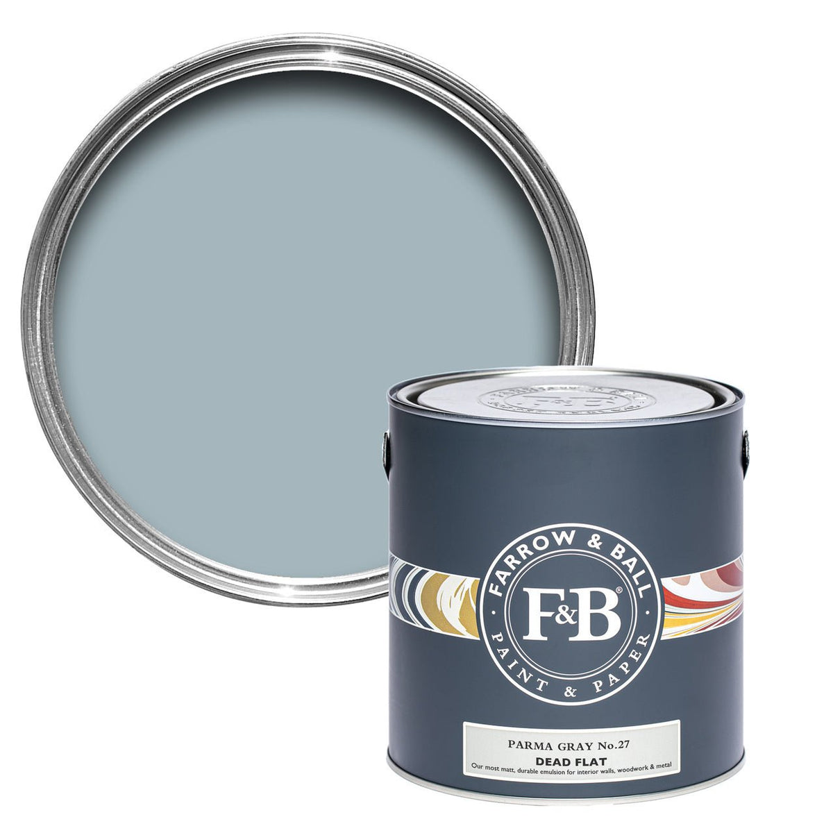 Farrow & Ball Parma Gray No.27 paint tin and color swatch