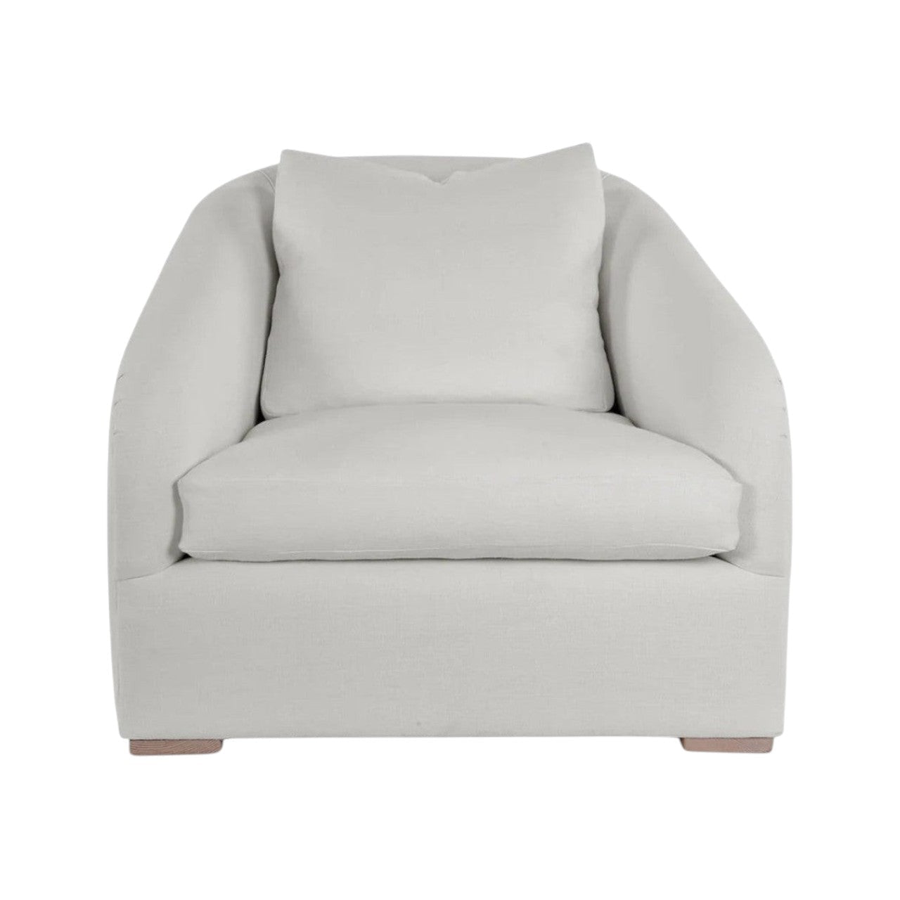 Calimia Home Reily upholstered chair in off-white Belgian linen with rounded back, sloped arms, and oak feet.