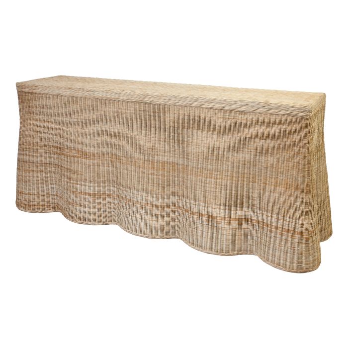 Calimia Home Scallop Console in natural rattan with a soft scalloped edge design for entryways or living rooms.