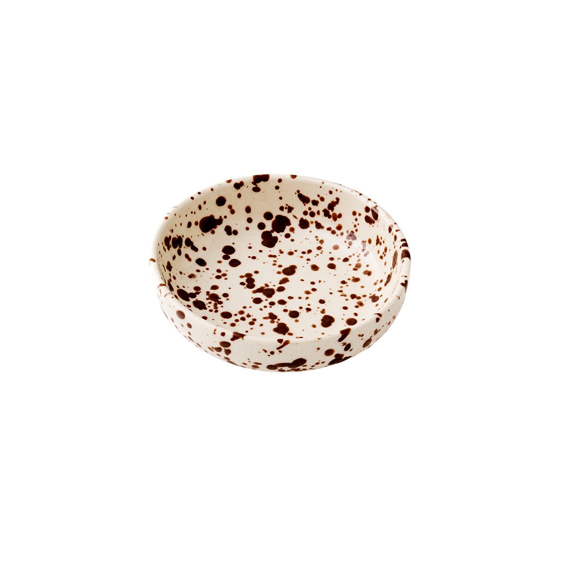 Sir Madam splatterware nut bowl in Cacao, small shallow cream stoneware bowl with dark brown splatter glaze, on a white background.