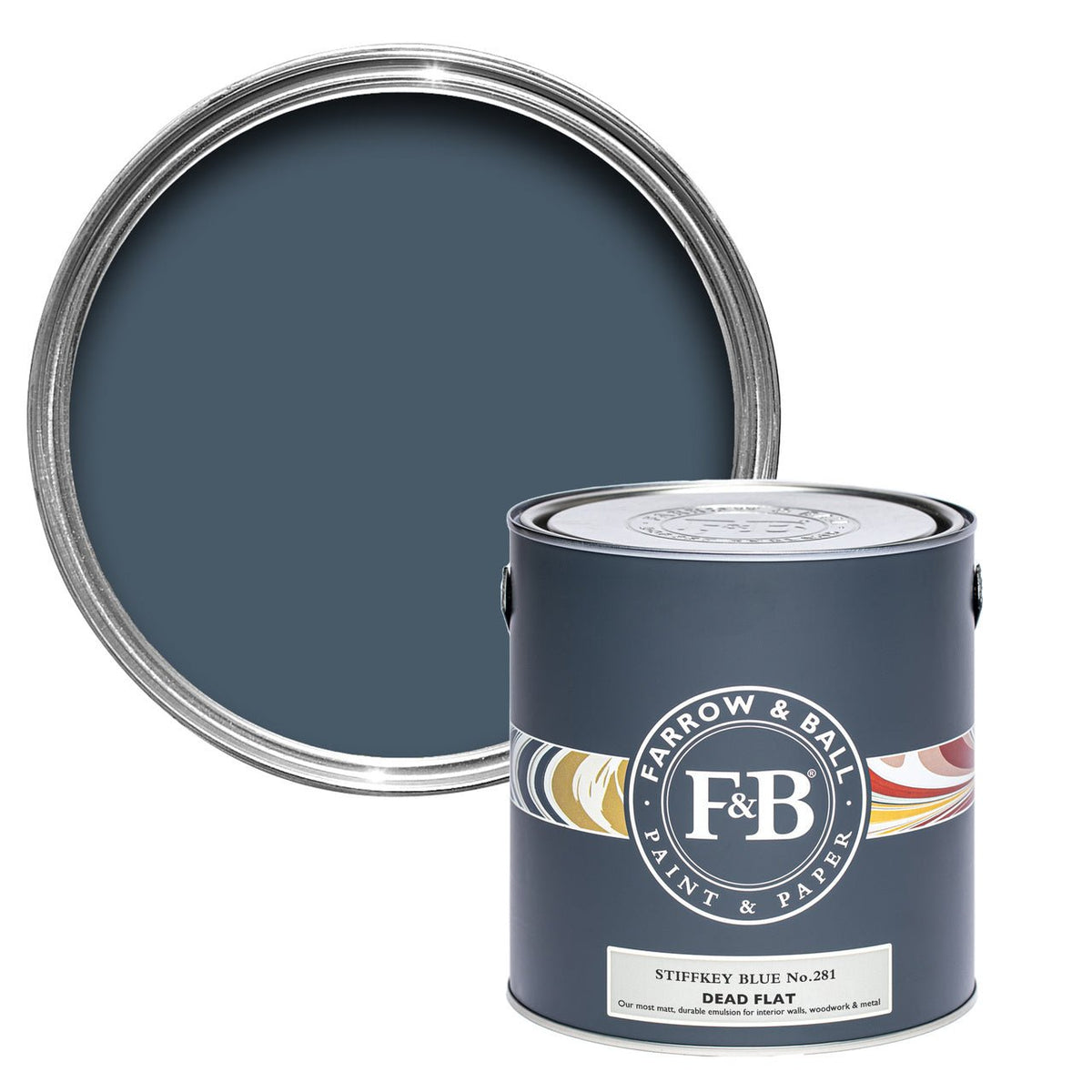 Farrow & Ball Stiffkey Blue No.281 paint tin and color swatch