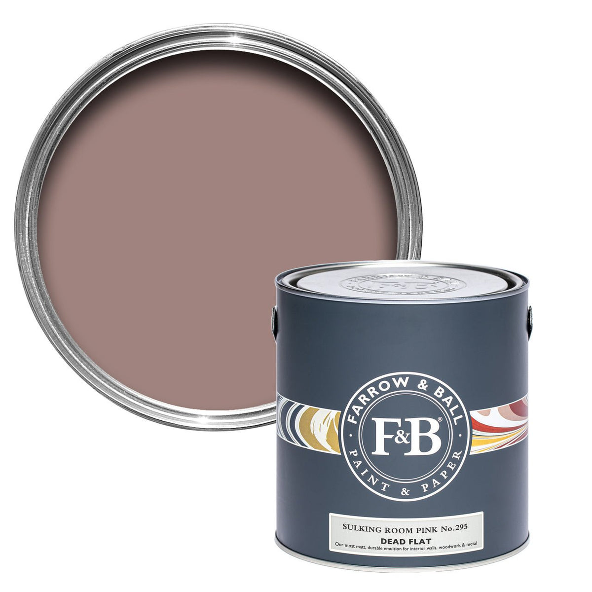 Farrow & Ball Sulking Room Pink No.295 paint tin and color swatch