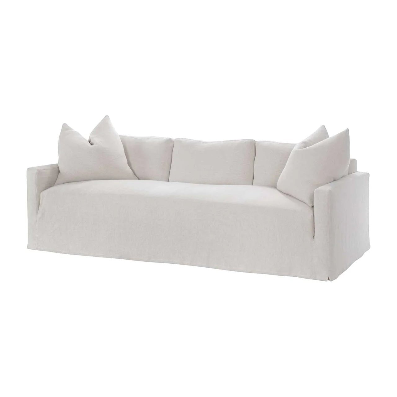 Calimia Home Terris sofa in oyster haze Belgian linen with a plush bench seat and track arms on a white background
