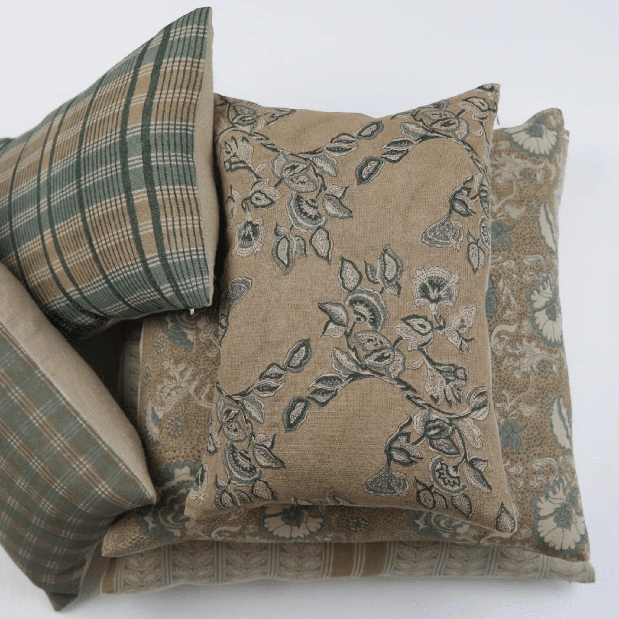 Calimia Home Tulip Sand linen pillow with hand-block-printed gray and teal floral motif and feather down insert