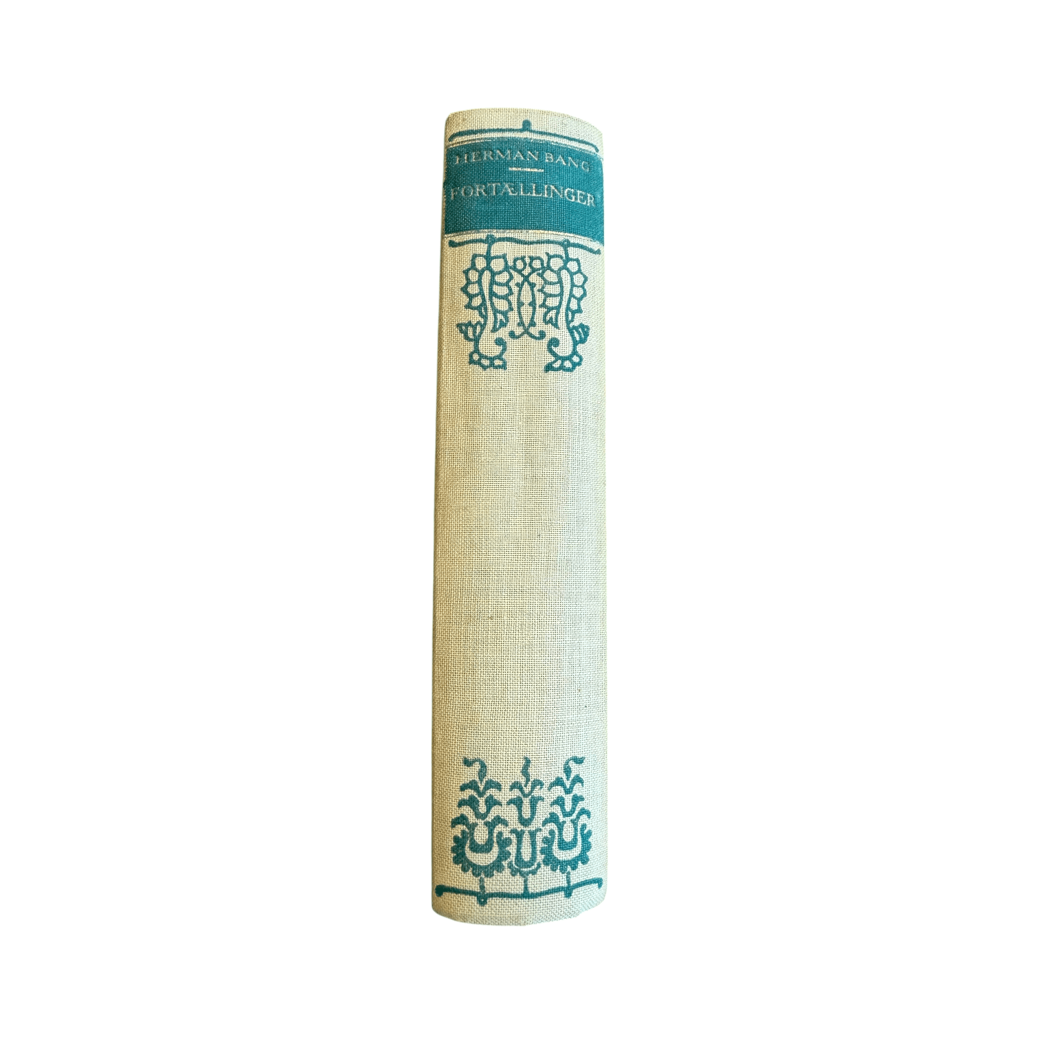 Calimia Home vintage book Fortaellinger by Herman Bang with a cream linen spine and teal decorative floral print.