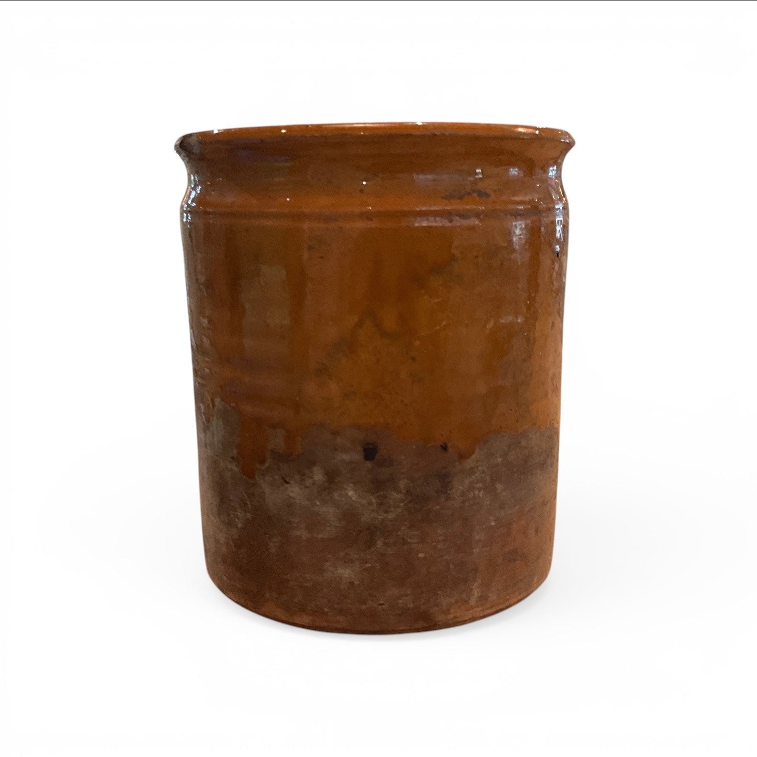 Calimia Home medium vintage Swedish crock with a rustic brown glazed finish and weathered clay base