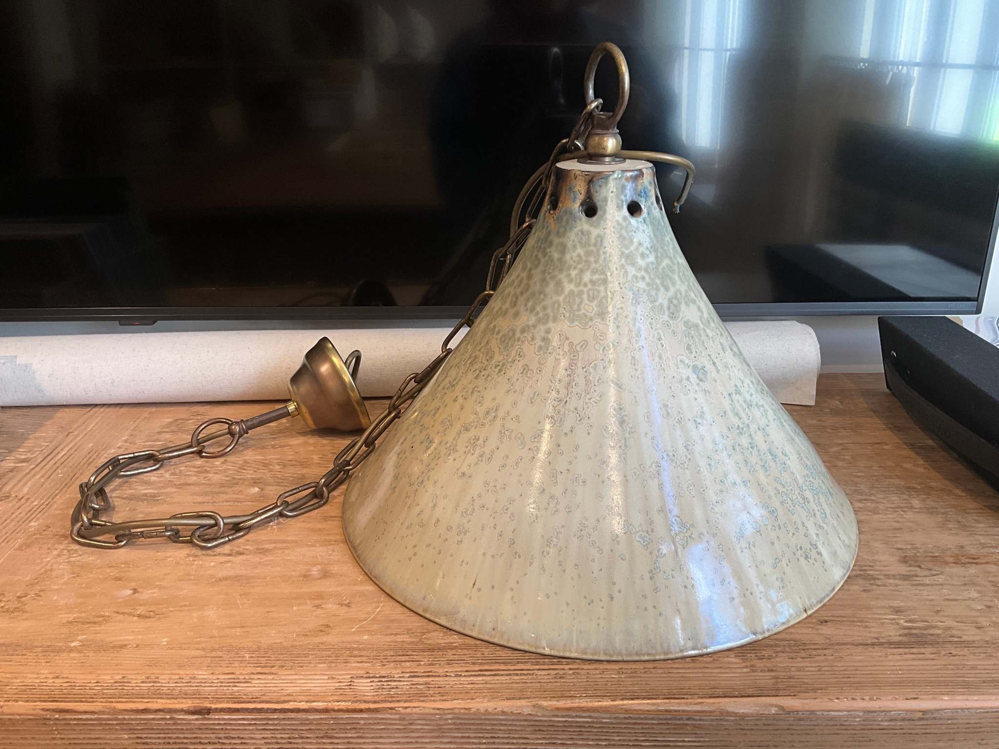 Vintage clay pendant light — sculptural ceramic shade