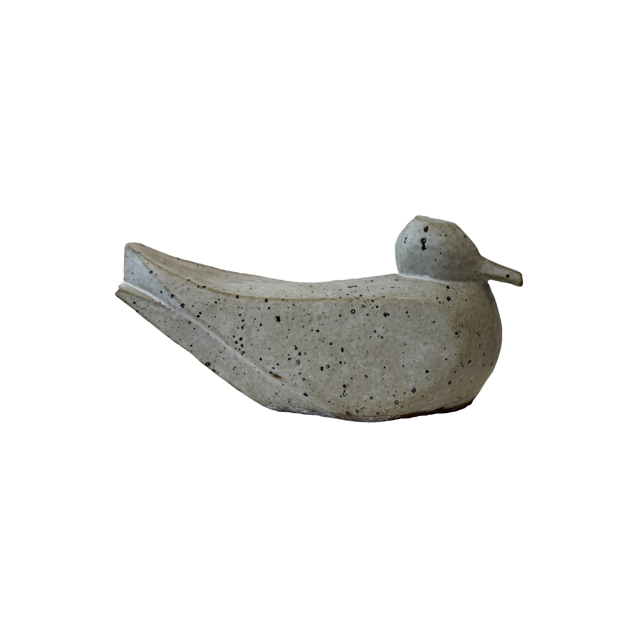 Vintage studio pottery seagull, hand-built stoneware bird in speckled grey-green glaze with incised wing line and applied bill