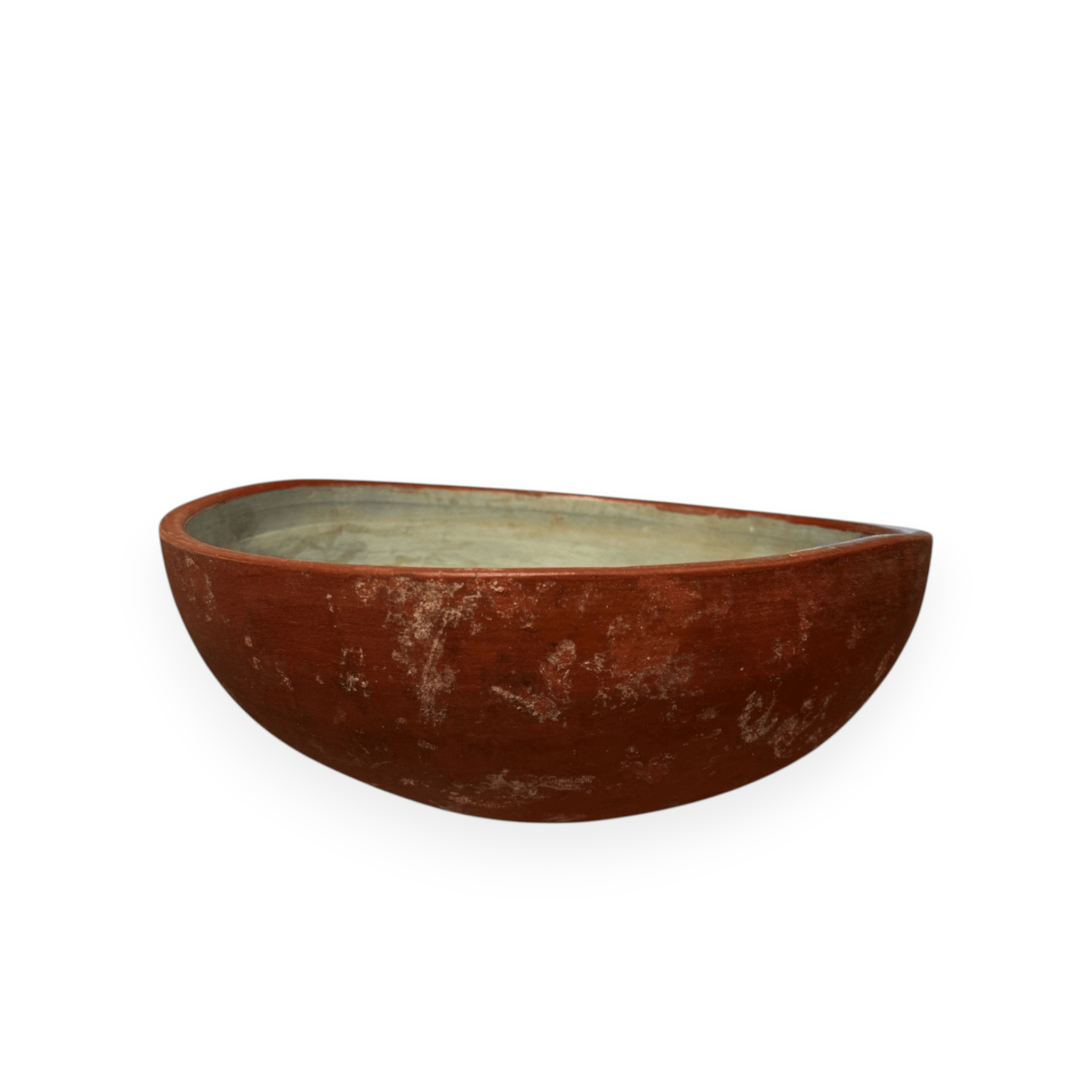 Calimia Home vintage wooden bowl with a weathered red exterior and a muted blue interior finish.
