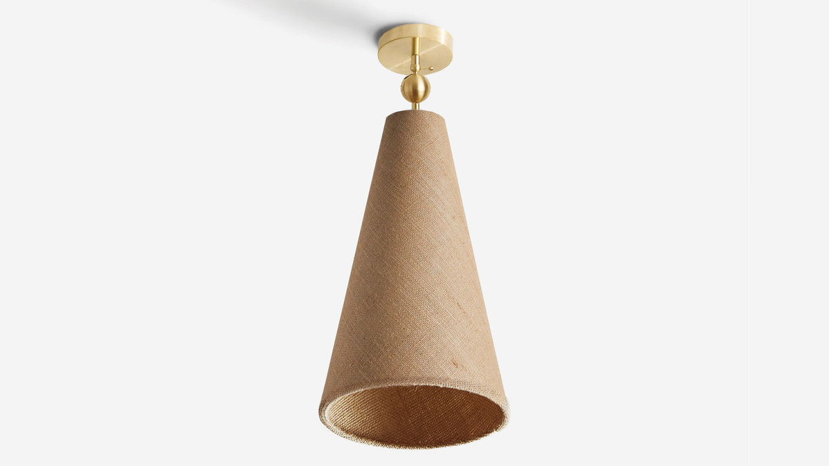Workstead Pendolo Flush Mount Large, Hewn Brass with Natural Burlap shade