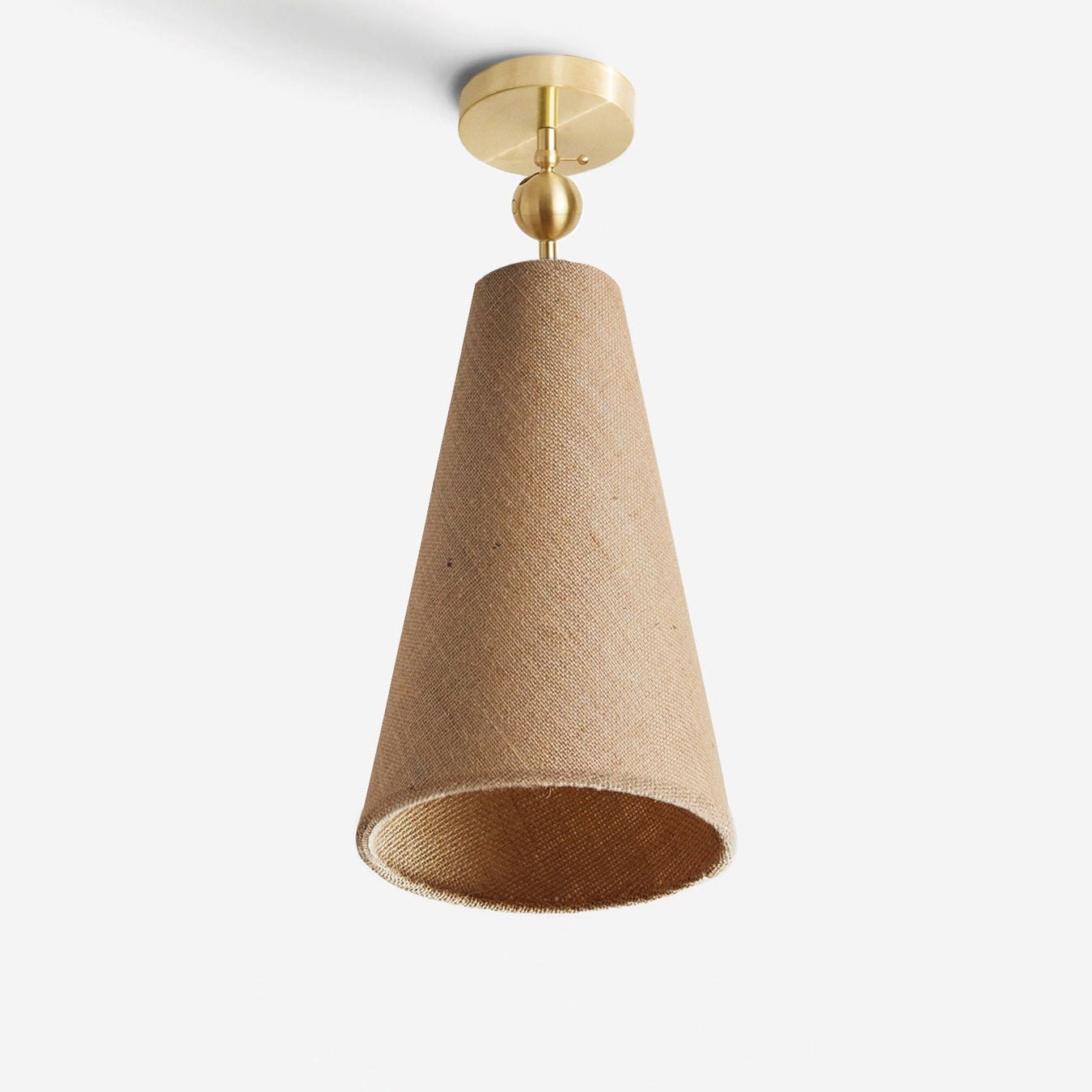 Workstead Pendolo Flush Mount Medium, Hewn Brass with Natural Burlap shade