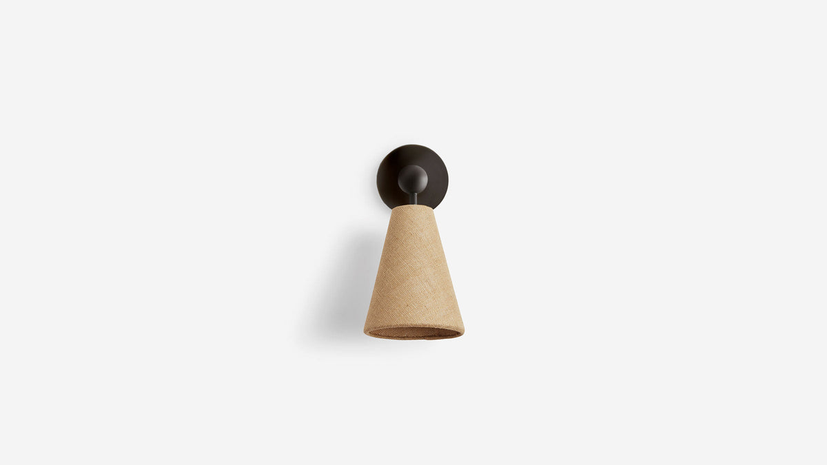 Workstead Pendolo Sconce Small in Hand Finished Bronze with Natural Burlap shade
