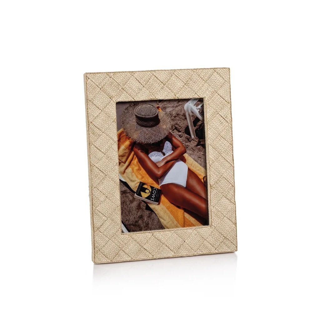 Woven Raffia Photo Frame with tightly woven raffia exterior, front view