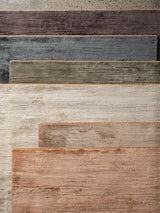 Staccato Rug by Armadillo, hand-knotted silk and linen rug, styled in a room at Calimia Home