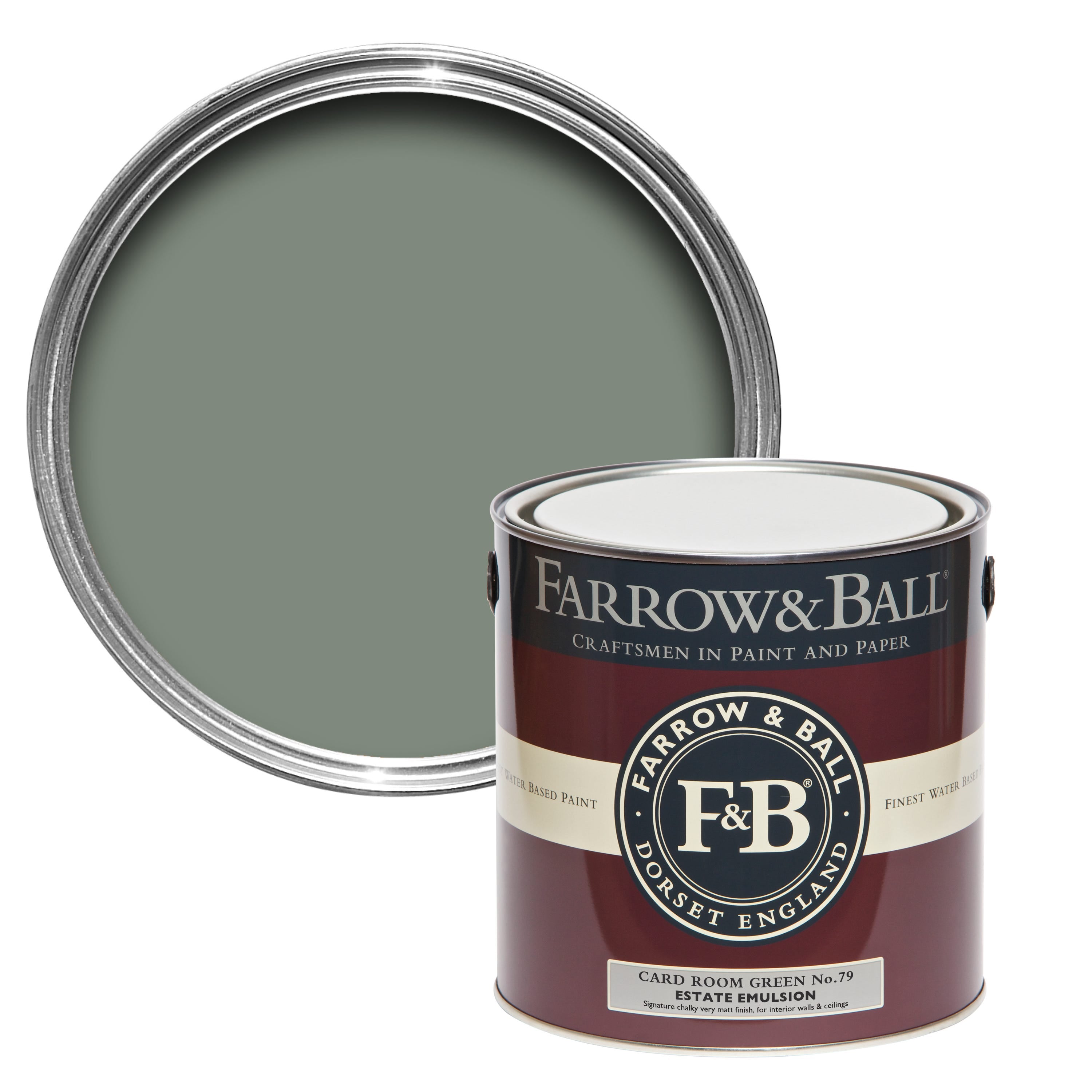 Farrow & Ball Card Room Green No.79 paint tin and sample pot