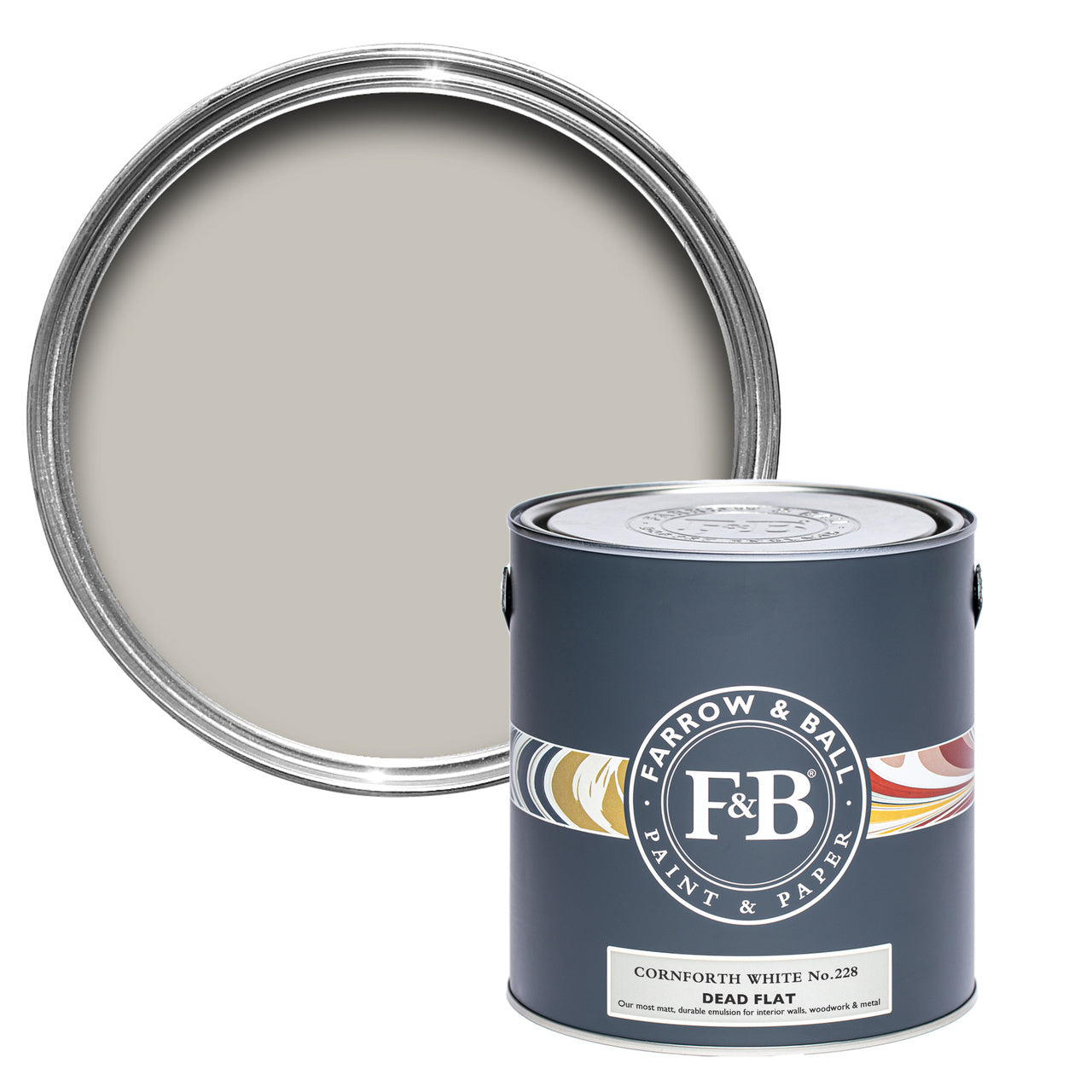 Cornforth White No.228 paint tin and swatch