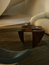 Armadillo Selva Rug in Walnut, overhead view of the handwoven afghan wool kilim weave and edge finish