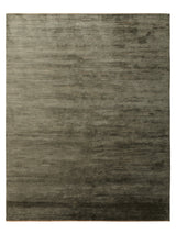 Armadillo Staccato Rug in Olivine, overhead view of the hand-knotted silk and linen weave and edge finish