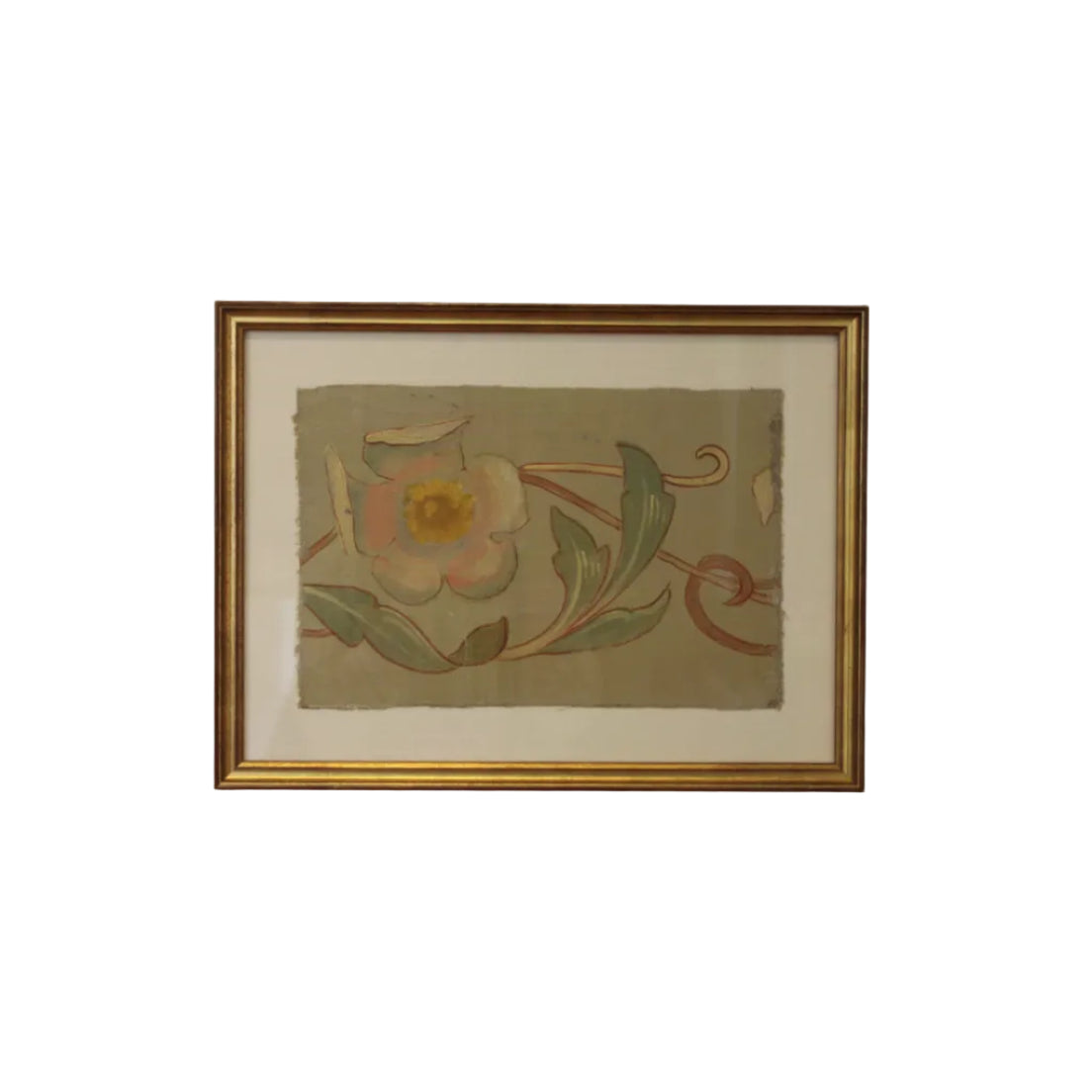 Framed hand-painted scrollwork fragment in gilt frame