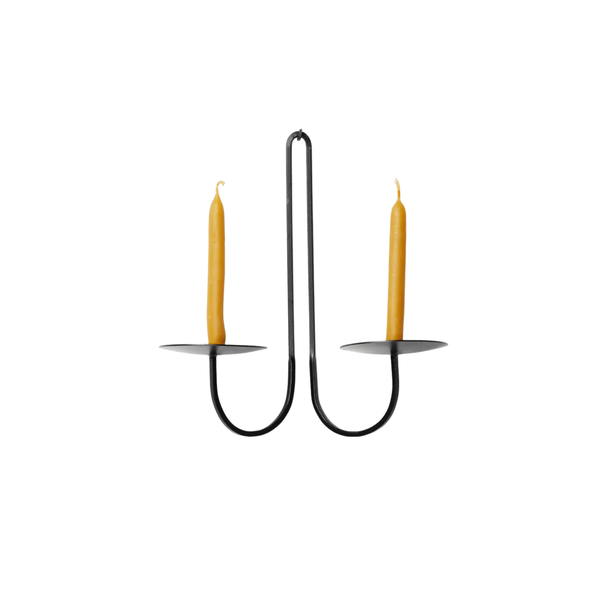 Double-armed black iron wall candle holder with two beeswax taper candles, featuring a minimalist curved design and powder-coated matte finish.