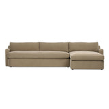 Aurelia 2-piece chaise sectional in Broadway Canvas natural off-white linen, right-facing chaise, front view showing sloping track arms and boxed cushions