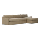 Amber Lewis x Four Hands Aurelia sectional in Broadway Canvas linen styled in a living room, right-facing chaise extended across a 128-inch span