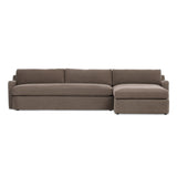 Aurelia 2-piece chaise sectional in Broadway Coffee deep coffee brown linen, right-facing chaise, front view showing sloping track arms and boxed cushions