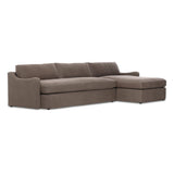 Amber Lewis x Four Hands Aurelia sectional in Broadway Coffee linen styled in a living room, right-facing chaise extended across a 128-inch span
