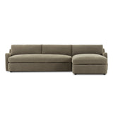 Aurelia 2-piece chaise sectional in Broadway Olive muted olive green linen, right-facing chaise, front view showing sloping track arms and boxed cushions