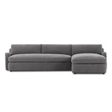 Aurelia 2-piece chaise sectional in Broadway Denim faded indigo blue linen, right-facing chaise, front view showing sloping track arms and boxed cushions