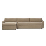 Aurelia 2-piece chaise sectional in Broadway Canvas natural off-white linen, left-facing chaise, front view showing sloping track arms and boxed cushions