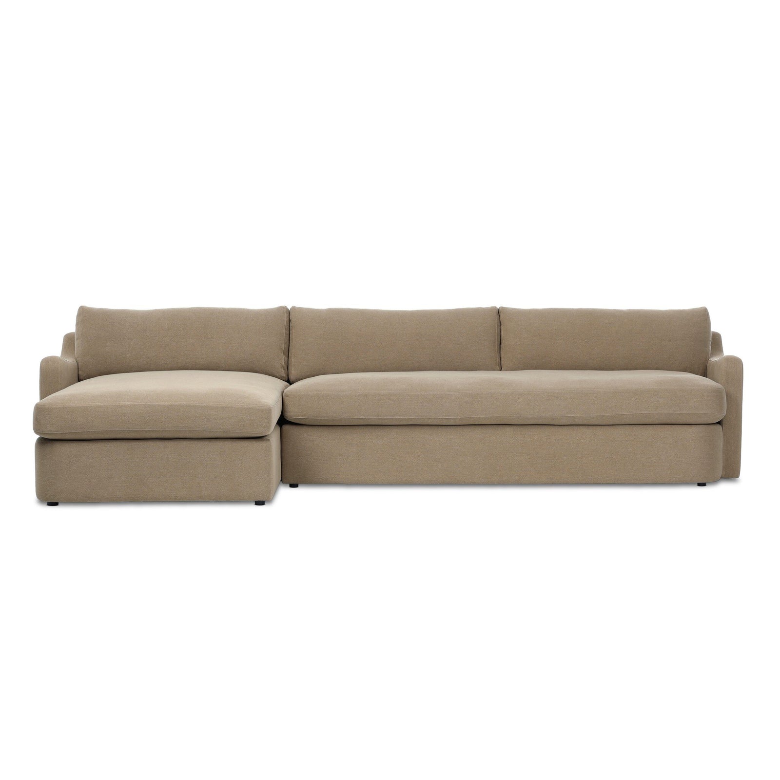 Aurelia 2-piece chaise sectional in Broadway Canvas natural off-white linen, left-facing chaise, front view showing sloping track arms and boxed cushions