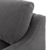 Close-up of Broadway Denim 100% flax linen upholstery on the Aurelia sectional, showing the faded indigo blue weave and reversible boxed cushion casing
