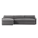 Aurelia 2-piece chaise sectional in Broadway Denim faded indigo blue linen, left-facing chaise, front view showing sloping track arms and boxed cushions