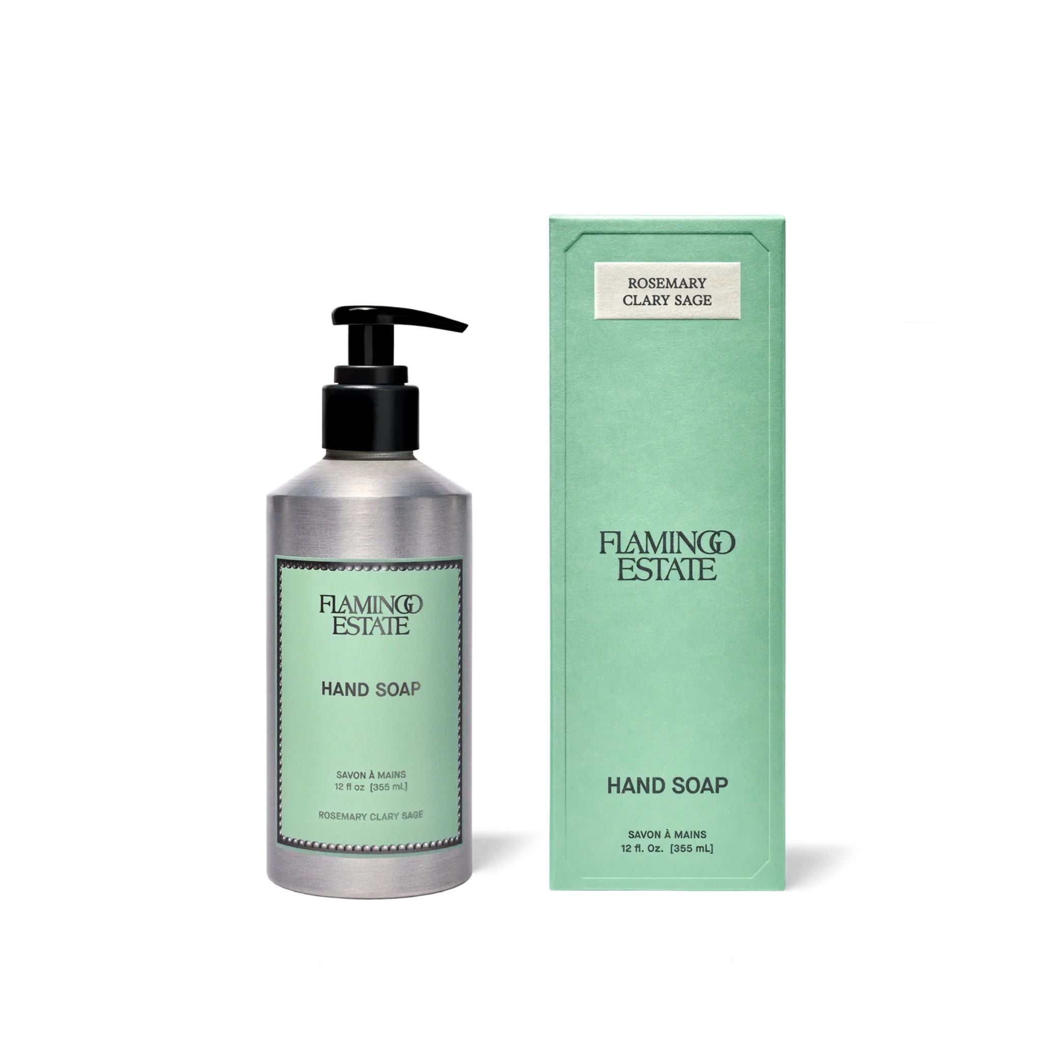 Flamingo Estate hand soap bottle and packaging on a white background