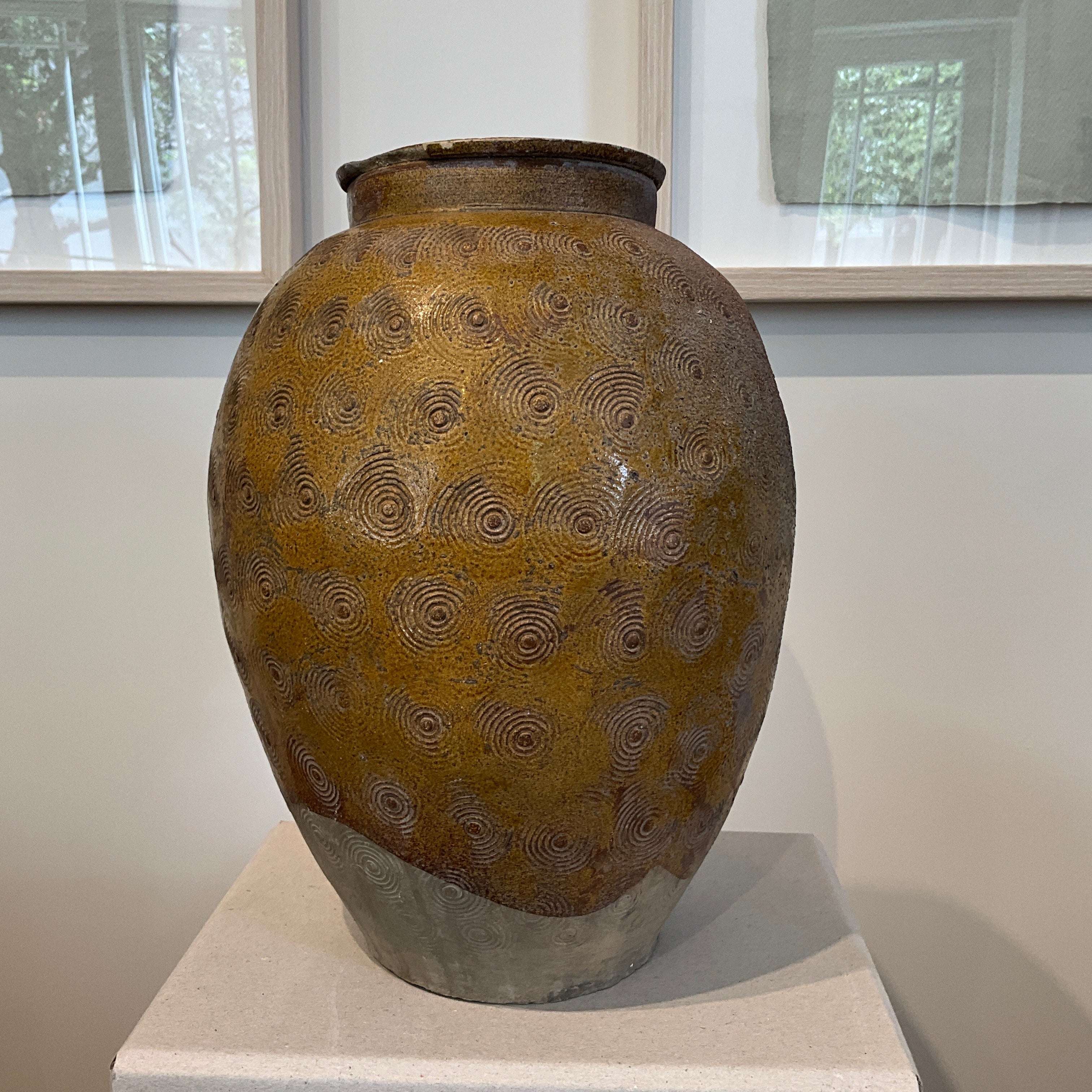 Vintage Brown Ceramic Jar with Circle imprints