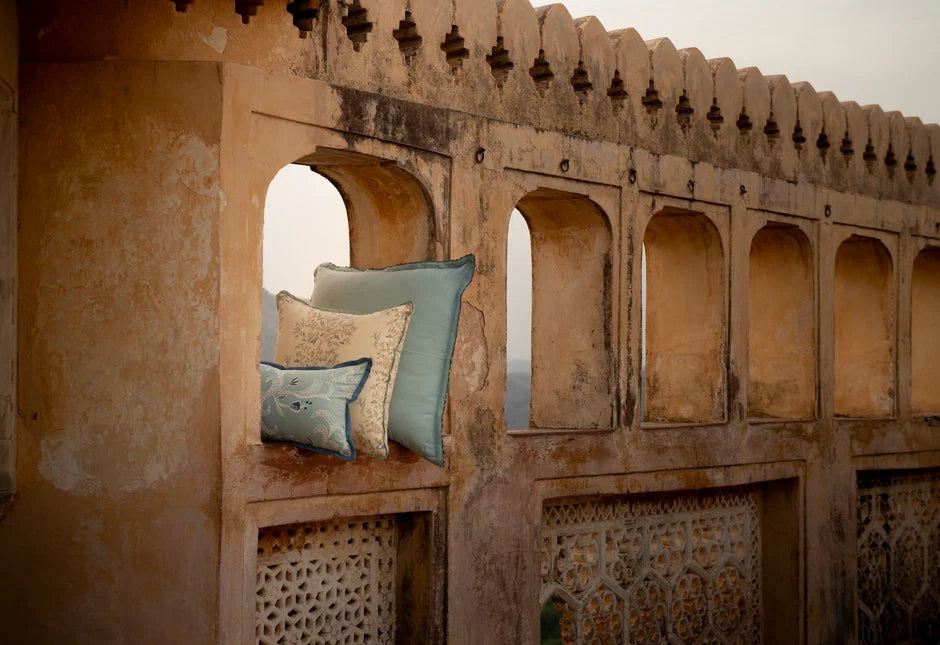 Hand block-printed textiles, made in India.