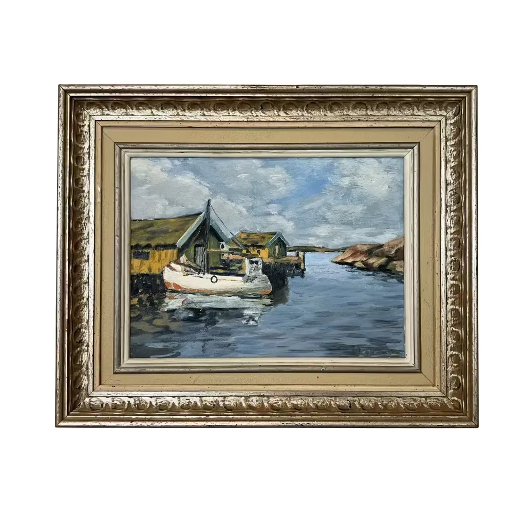 Vintage oil painting of a harbor scene with sailboat, soft brushwork, warm muted tones, gilded wood frame