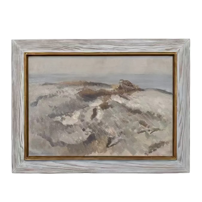 Vintage oil painting of a serene coastal landscape with expressive brushstrokes and earthy tones, in a gilded frame
