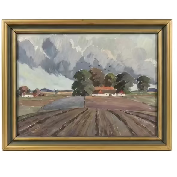 Vintage farmhouse landscape painting in painted wood frame, early 20th-century oil on canvas
