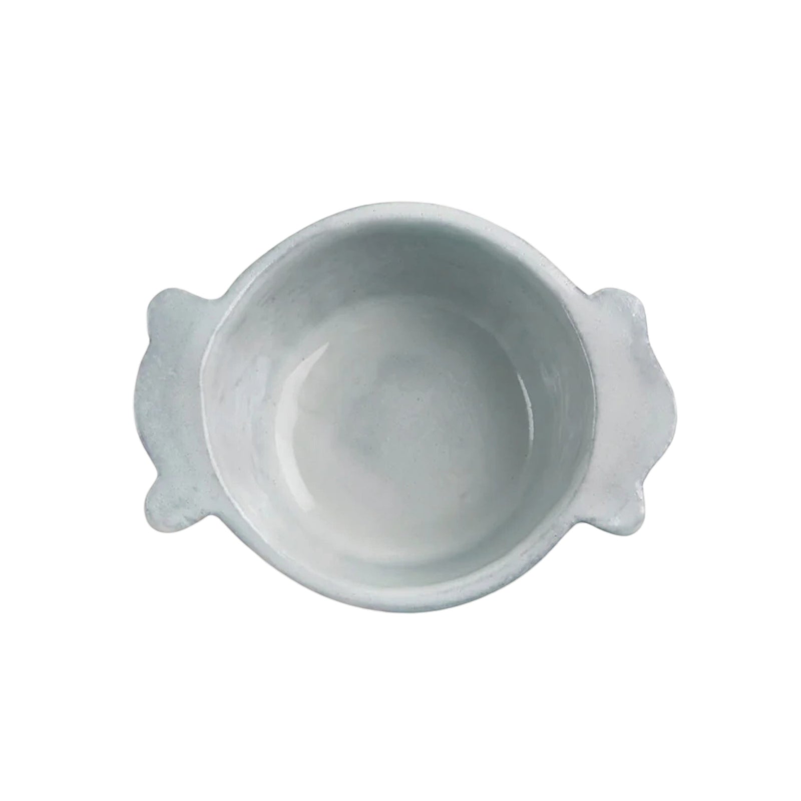 Il Buco Assisi hand-glazed ceramic bowl in dove grey with side handles, viewed from above.