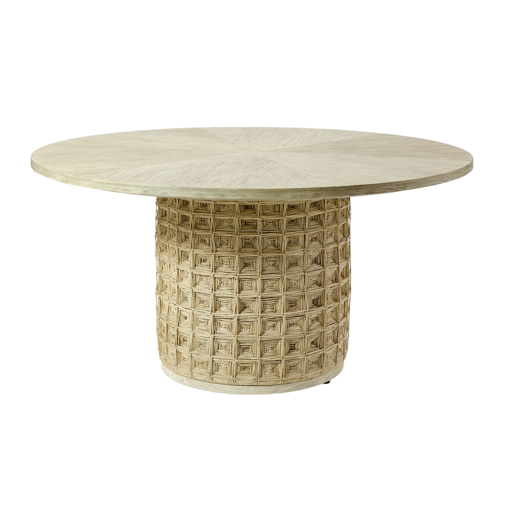 Round dining table with wood top and textured woven base on a white background