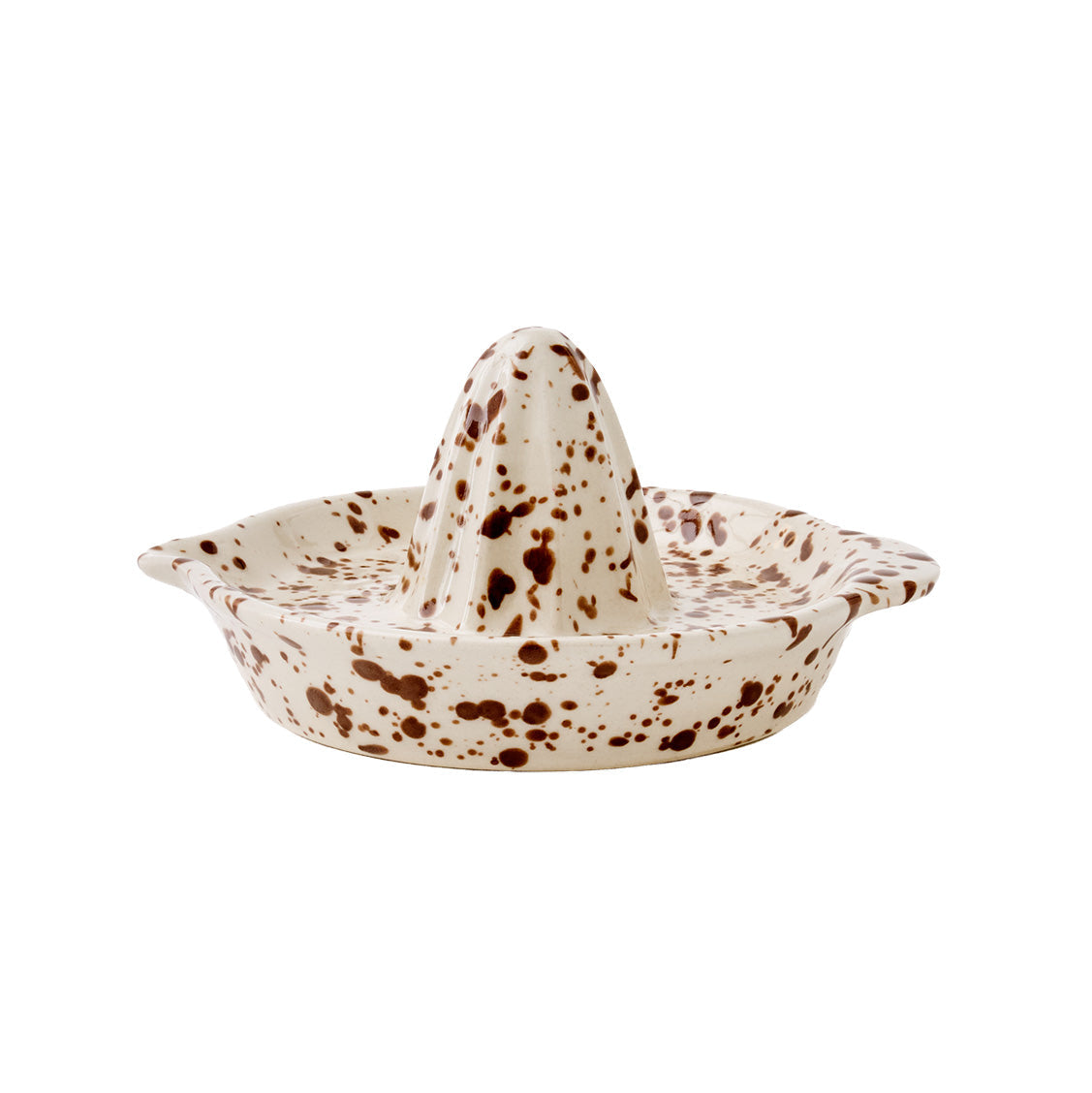 Sir Madam splatterware citrus juicer in Cacao, cream stoneware with dark brown splatter glaze, ridged cone and two side handles, on a white background.