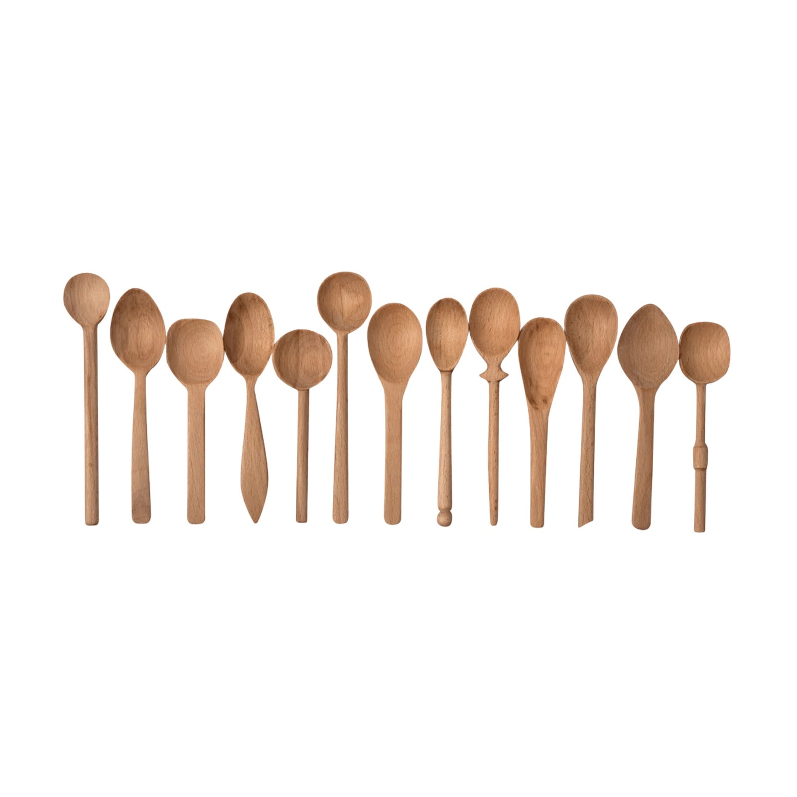 Sir Madam set of thirteen hand-carved beechwood spoons in various shapes and sizes for kitchen use.