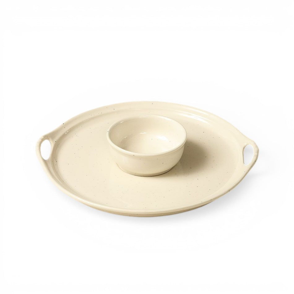 Tob Aero Indira ceramic chip and dip platter in ivory glaze with speckled finish and side handles