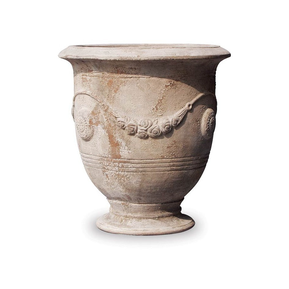 Terra Antico round urn with rose and medallion relief by The Pottery Patch | Calimia Home
